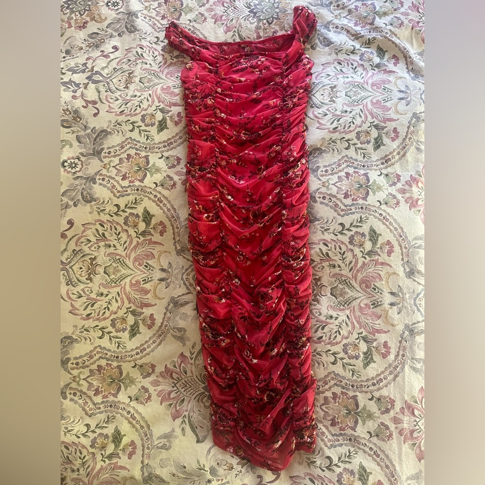 Hot pink off shoulder ruched mesh midi dress